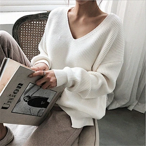 Autumn Winter Casual V Neck Women Pullover Sweater Solid Long Sleeve Loose Knitted Tops