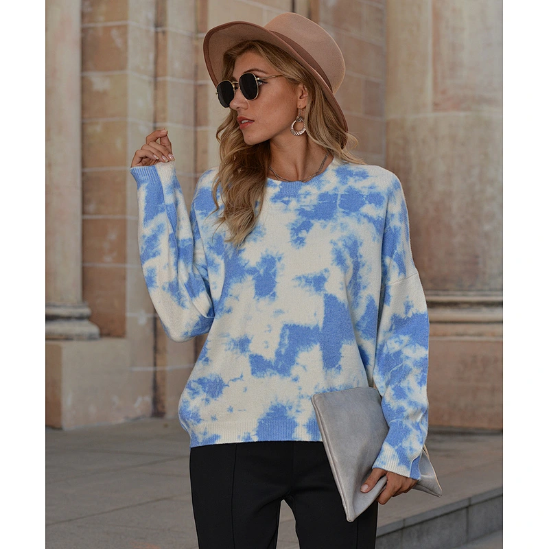 Knit pullover long-sleeved tops blouses blue tie-dye sweater knitwear for ladies