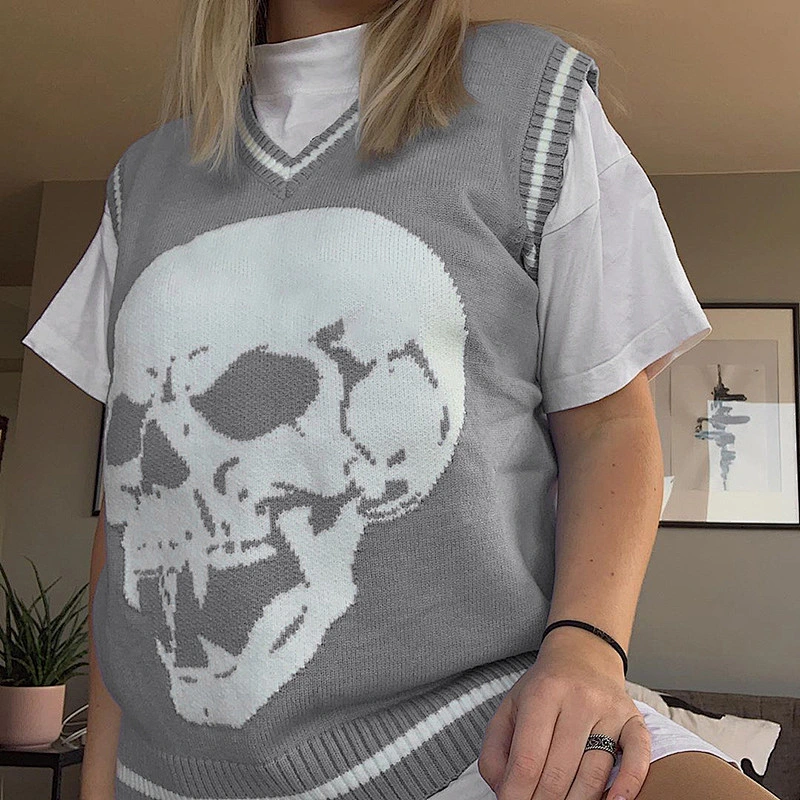 Skull print V neck loose casual sweater vest women fashion oversized women vest sweater