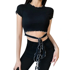 Hot Sale Personality Fashion Round Neck Tie Waist Tops Summer Clothing Knitted Short Sleeve Clothes Tomen Tassel T-shirt