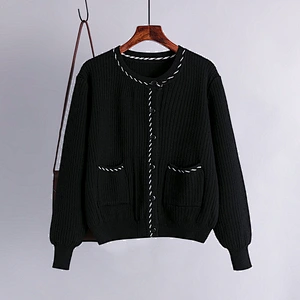 black solid Sweater cardigans jacket coat outwear ladies women O neck cardigan sweater