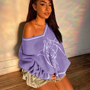 New printed V neck loose casual blouse sweater women fashion knit sweater