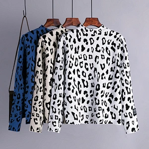 Leopard print high neck pullover sweater Korean top women autumn winter long sleeve loose knit ladies sweaters