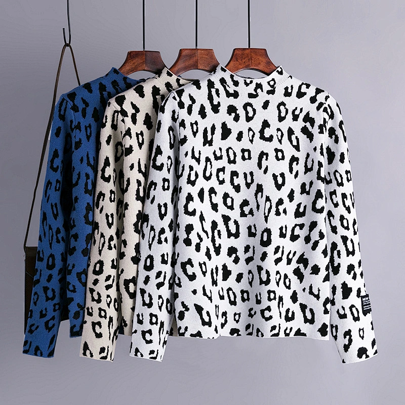 Leopard print high neck pullover sweater Korean top women autumn winter long sleeve loose knit ladies sweaters