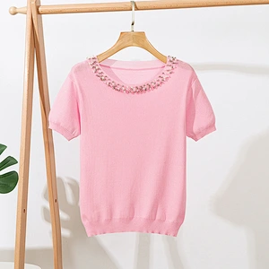 Summer solid color top blouse ladies beaded short sleeve loose round neck pullover knitwear women plus size t shirt