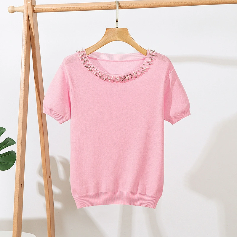 Summer solid color top blouse ladies beaded short sleeve loose round neck pullover knitwear women plus size t shirt