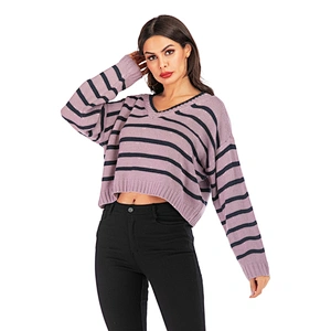 Pullover V-neck apparel striped loose knitwear women fashion sweater