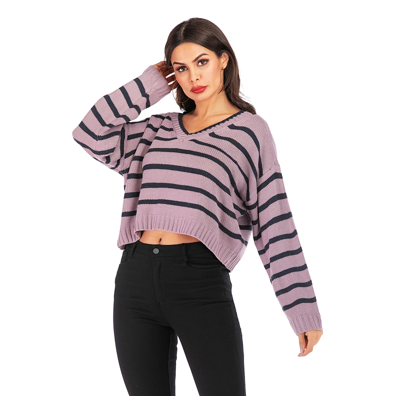 Pullover V-neck apparel striped loose knitwear women fashion sweater
