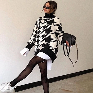 Wholesale Fall clothing for women houndstooth knitwear sweaters ladies oversized turtleneck sweate