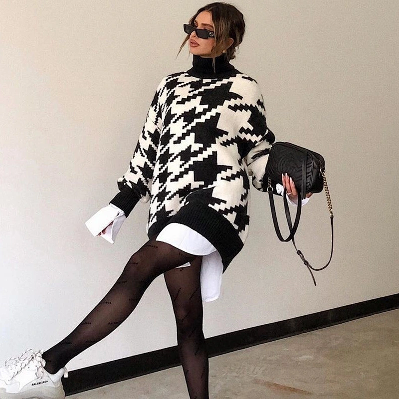 Wholesale Fall clothing for women houndstooth knitwear sweaters ladies oversized turtleneck sweate