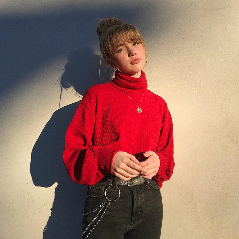 Winter fashion long sleeve high neck casual girl crop sweater for women
