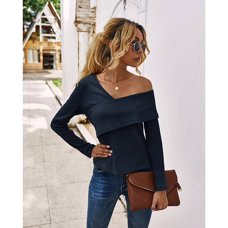 Women clothing pure color rib tops sexy basic knitwear off-the-shoulder long sleeve t-shirt