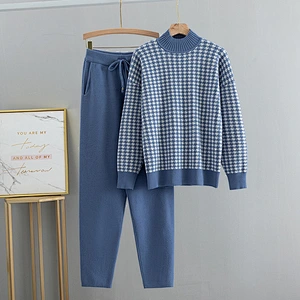 Casual sweaters women 2 piece set high neck plaid knitted girls two piece sweater set