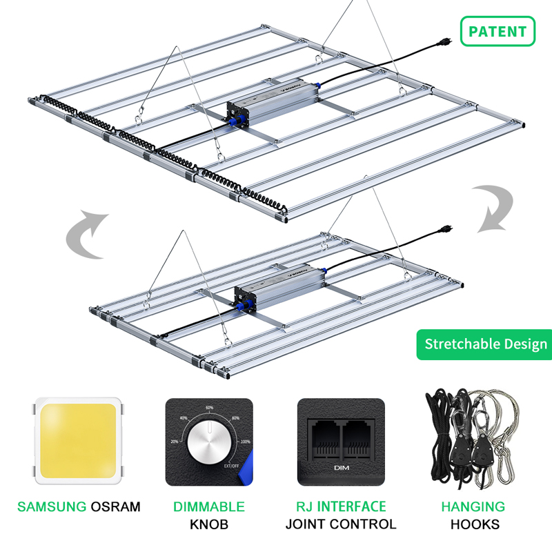 Patented 800W led grow light bar Retractable design  adjust PPFD design with dimmable nob and 2 RJ45
