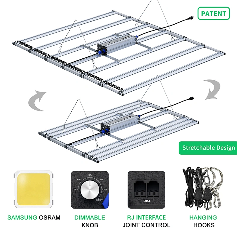 Patented 800W led grow light bar Retractable design  adjust PPFD design with dimmable nob and 2 RJ45