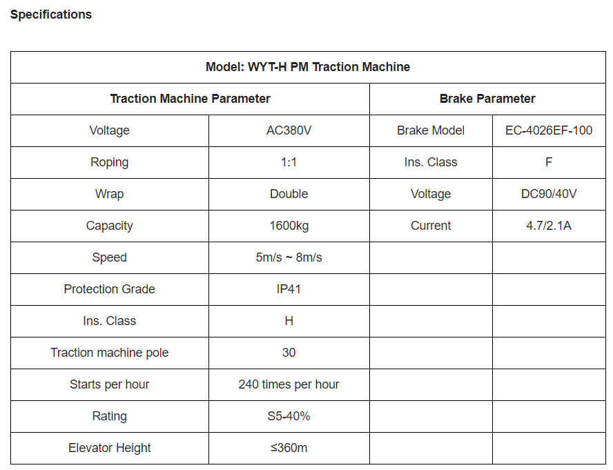 Bluelight WYT-H PM Traction Machine Specification