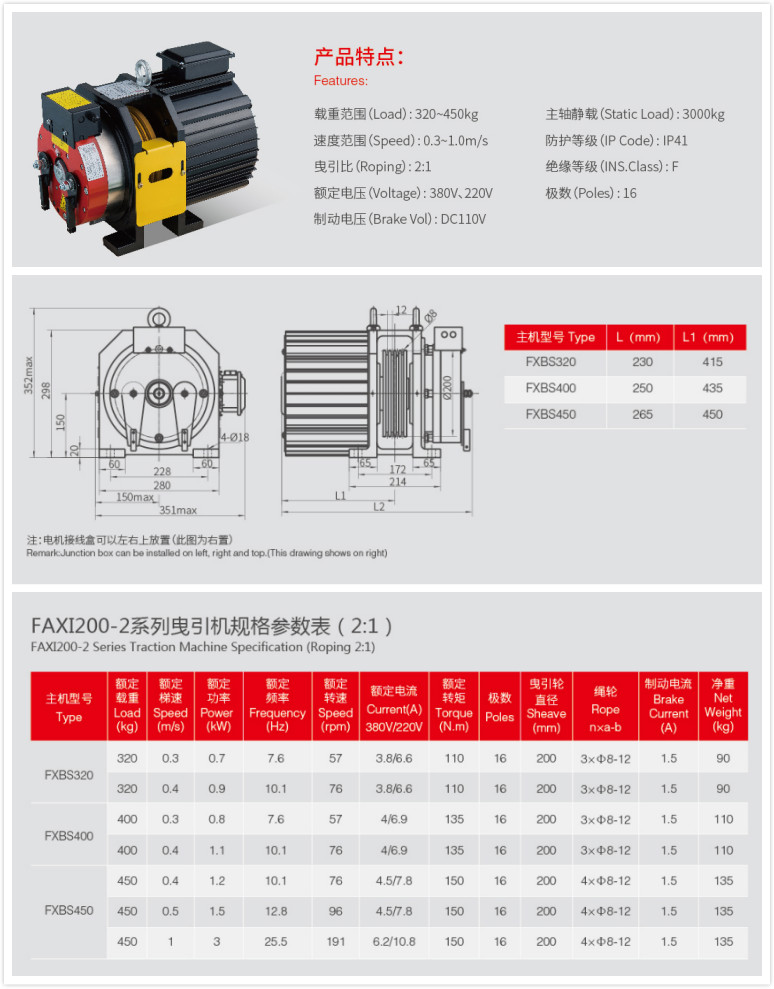 SHANGHAI FAXI GEARLESS STEEL WIRE ROPE ELEVATOR TRACTION MACHINE FAXI200-2