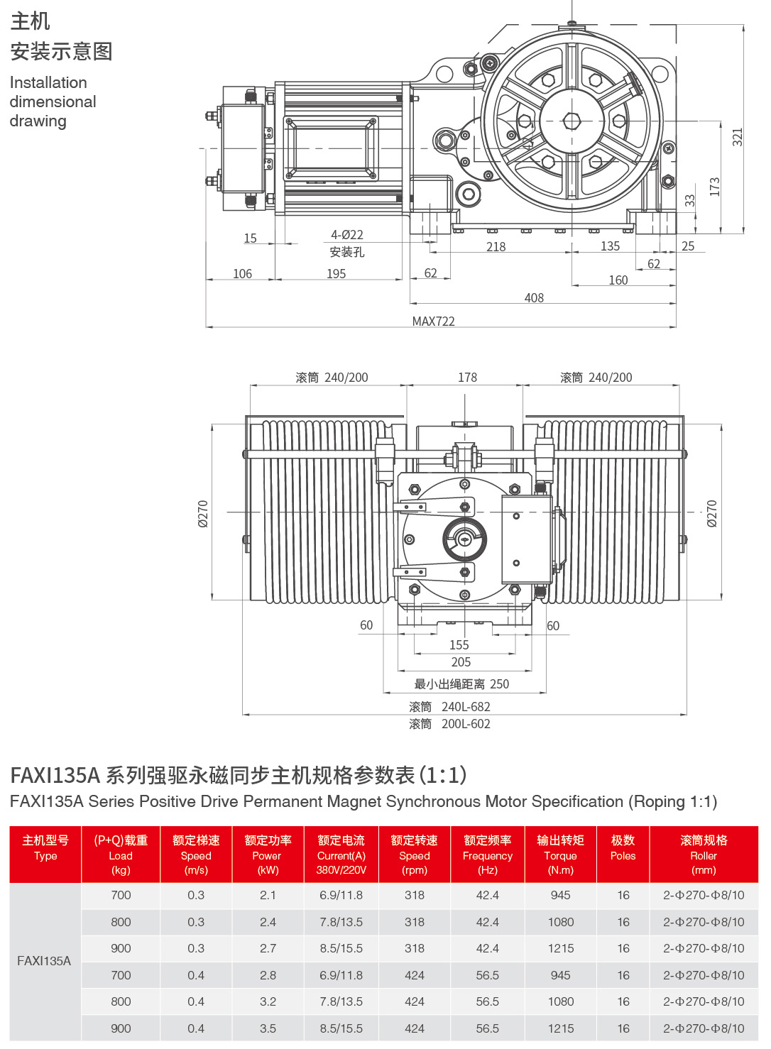 TRACTION MACHINE FAXI135A installation dimensional drawing