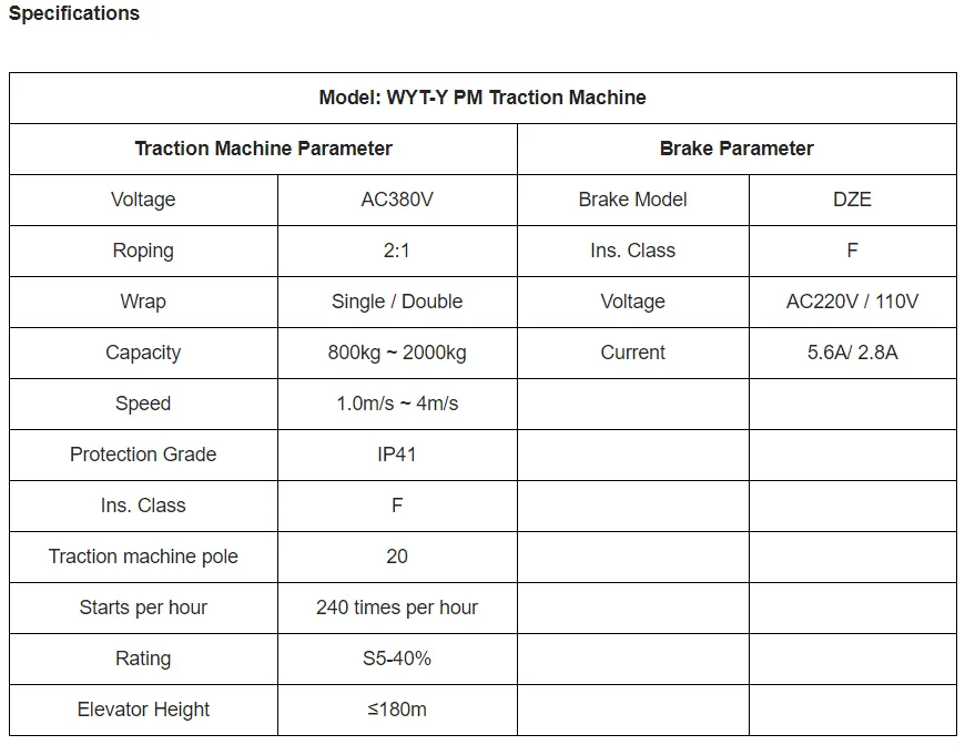 Bluelight WYT- Y PM Traction Machine Specifications