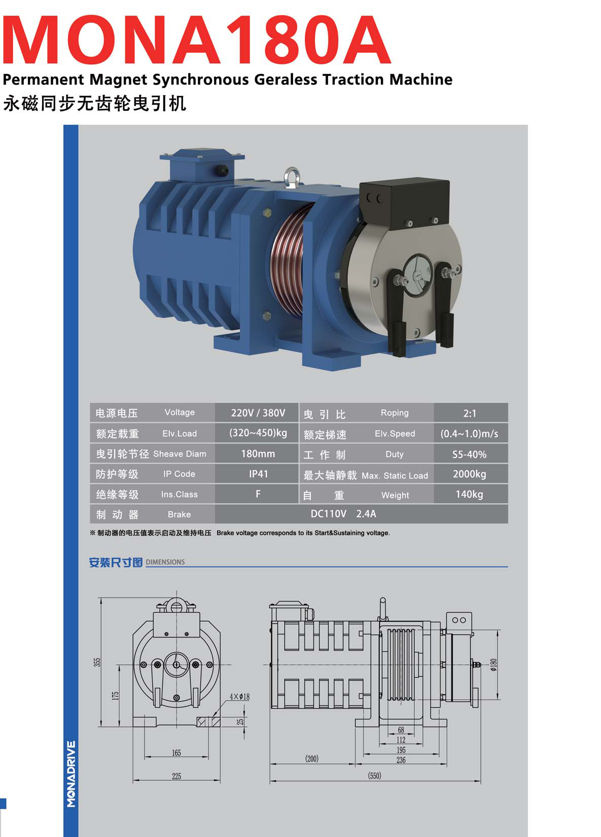 Monadrive ELevator Traction Machine MONA180A Features