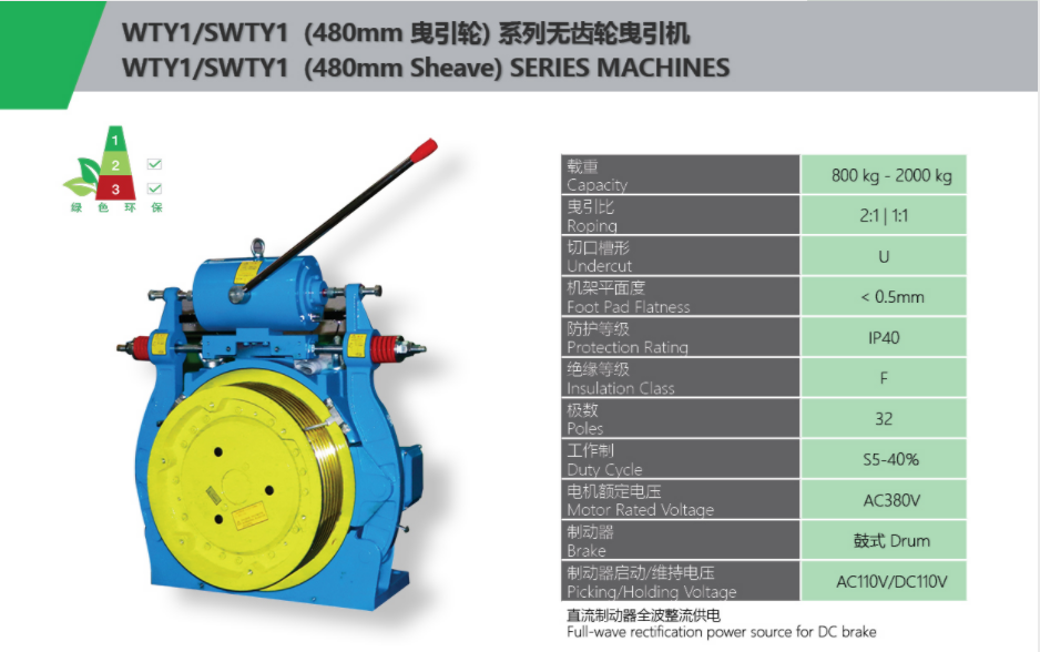 ELevator Traction Machine WTY1 SWTY1(480MM Sheave）Series Features