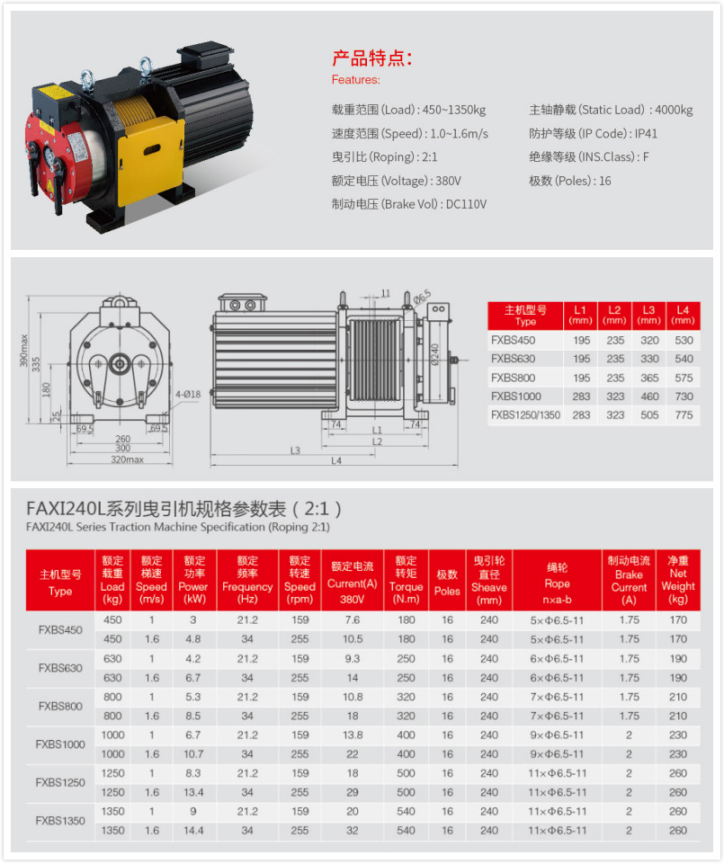 FAXI Elevator Traction Machine FAXI240L Features