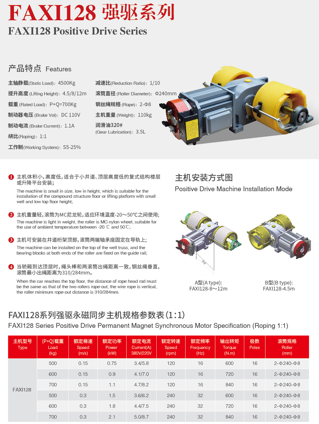 FAXI ELevator Traction Machine FAXI1128 Features