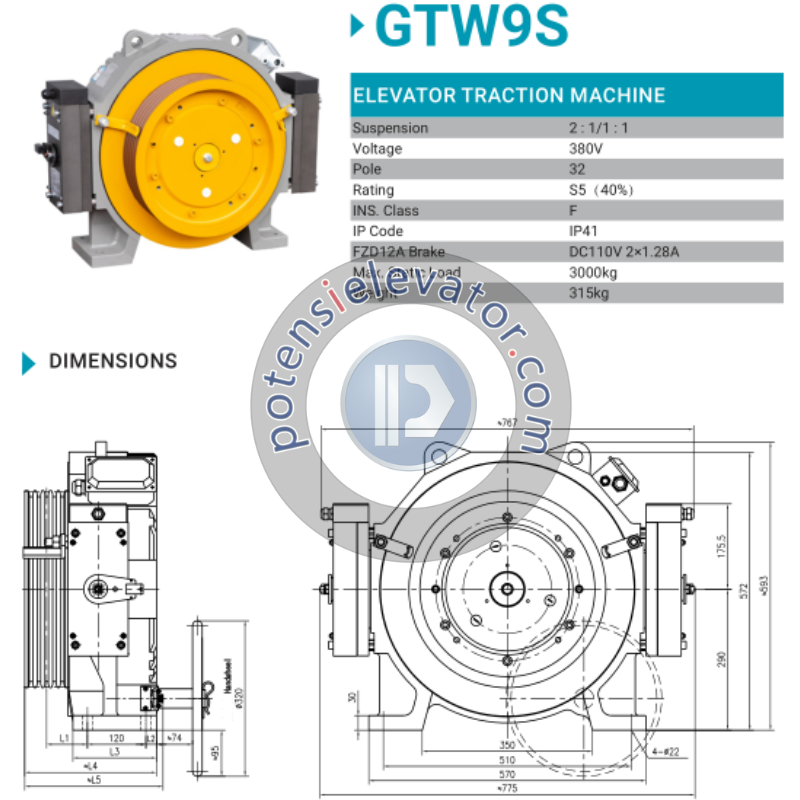 Elevator Gearless Traction Machine GTW9S-101P0A For TORIN | Lift Traction Machine