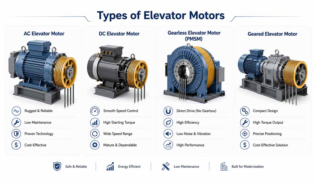 types of elevator motor 