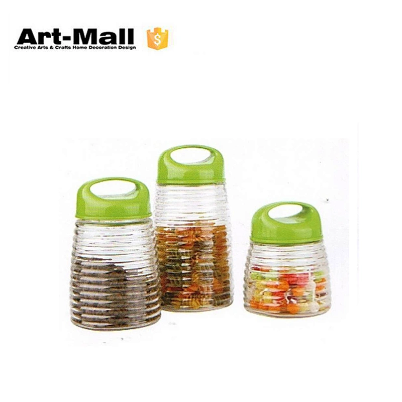 Square shape fancy glass herb storage jars with green plastic lid