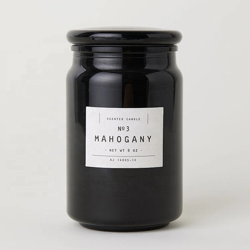 Tarro de vela de cristal negro personalizado de venta de fábrica con tapa de madera