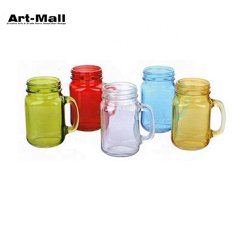 Wholesale Round Shape Colored 16OZ Glass Mason Jar With Handle