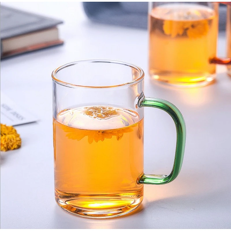 HOT sale Borosilicate Heat-Resistant Transparent Thicken Glass Cup Tea Cups Beer Mug  with colour handle
