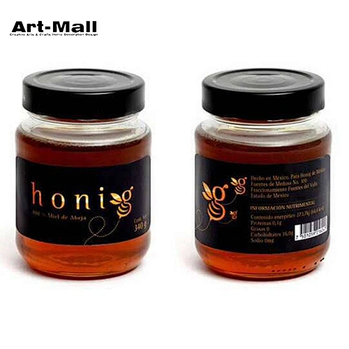 Wholesale round shape jam clear glass honey jar with black lid