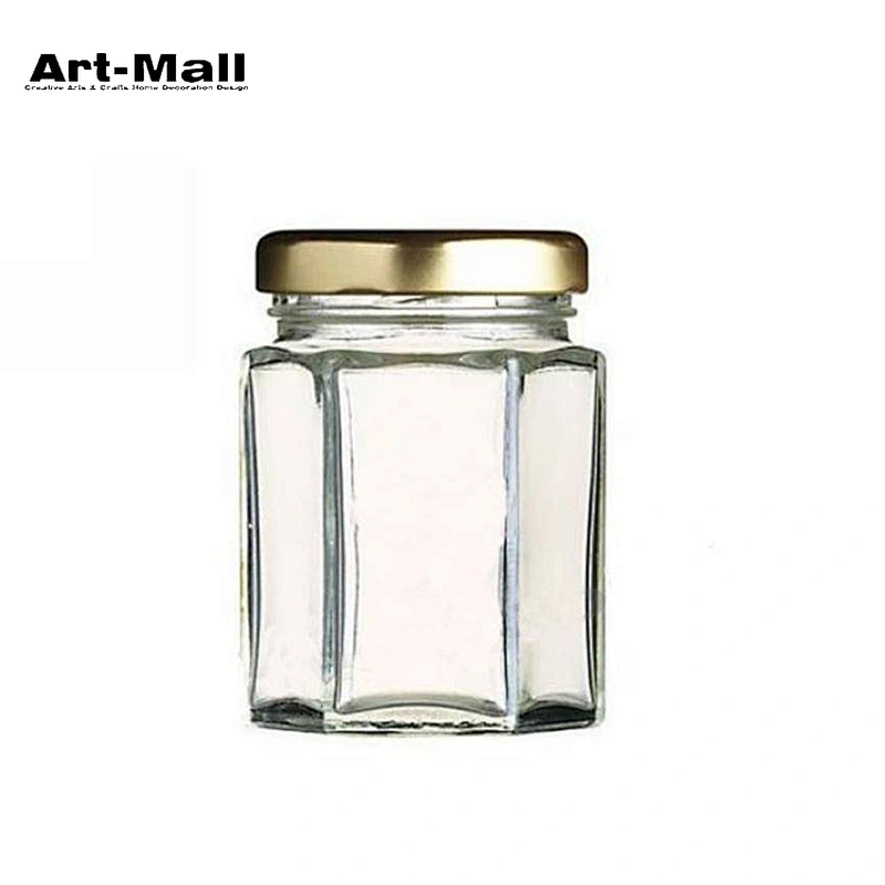 Food grade hexagon glass honey jar with gold metal lid