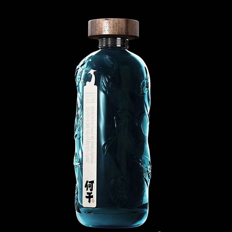 Custom high quality transparent sky blue 500ml antique green glass wine bottle