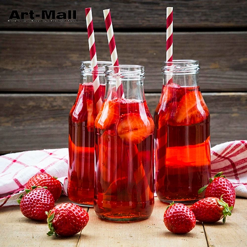 Mini fancy wide mouth bottles glass 200ml drinks with reusable straw