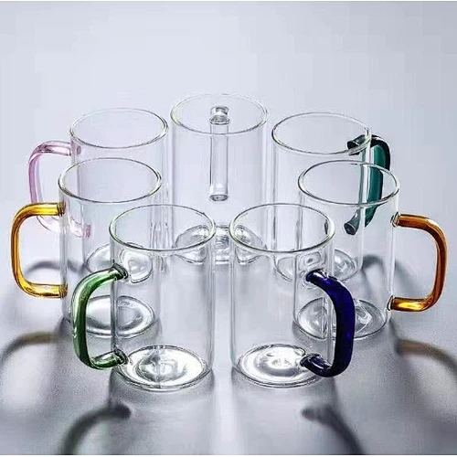 HOT sale Borosilicate Heat-Resistant Transparent Thicken Glass Cup Tea Cups Beer Mug  with colour handle