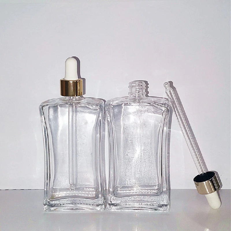 30ml 50ml 100ml flat square transparent glass dropper bottle with glass dropper bottle for essential oil Perfume bottle