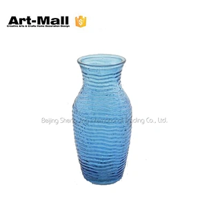 Exquisite ripple blue wide mouth glass vase for wedding