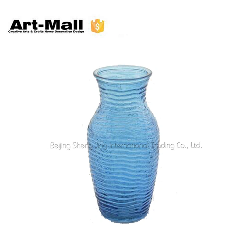 Exquisite ripple blue wide mouth glass vase for wedding