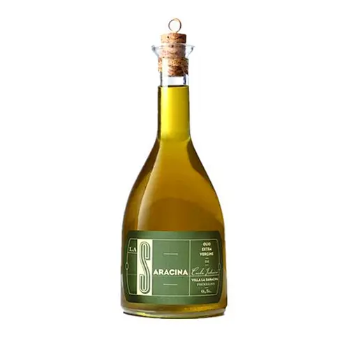 Botella de vidrio de aceite de oliva ecológica con corcho de madera