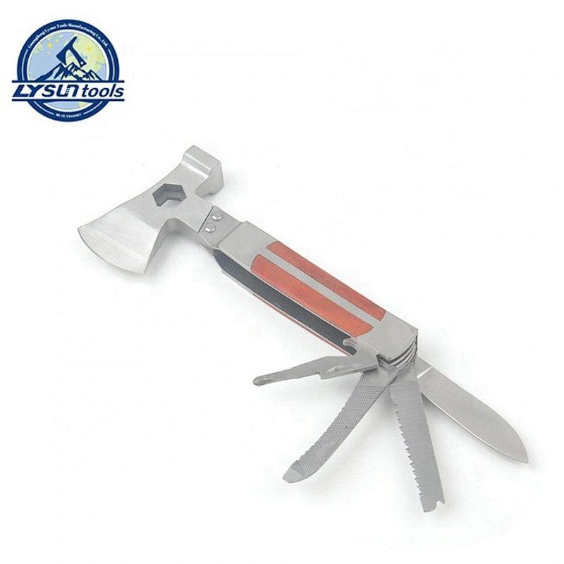 8 IN 1 Stainless Steel Head and Wood Handle Foldable Plier Axe Multi Tool