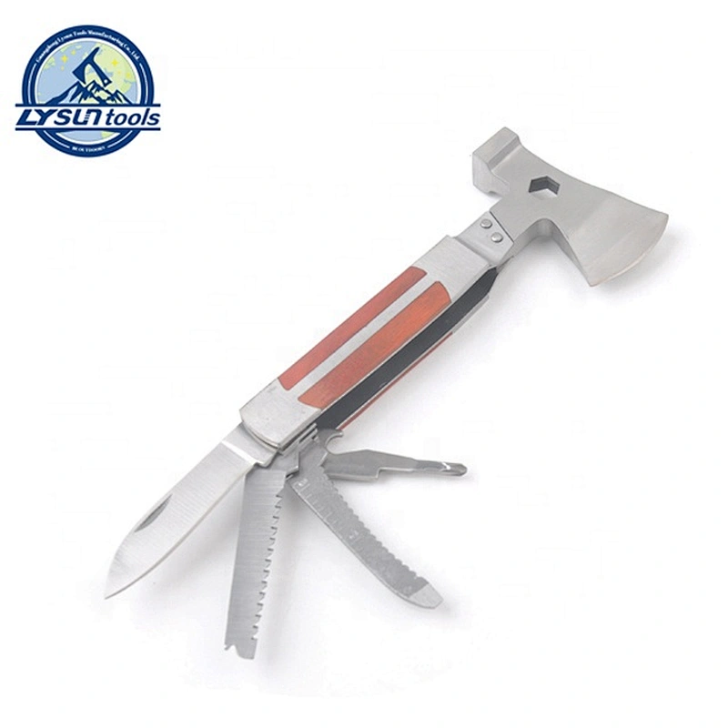 8 IN 1 Stainless Steel Head and Wood Handle Foldable Plier Axe Multi Tool