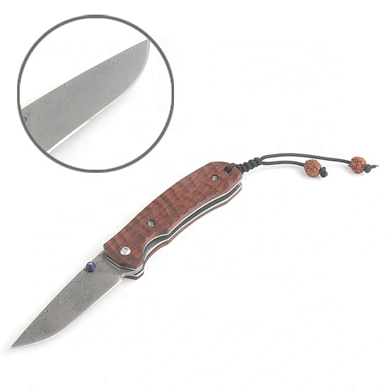 Red Sandalwood Handle Damascus Steel Hunting Folding Blade Knife