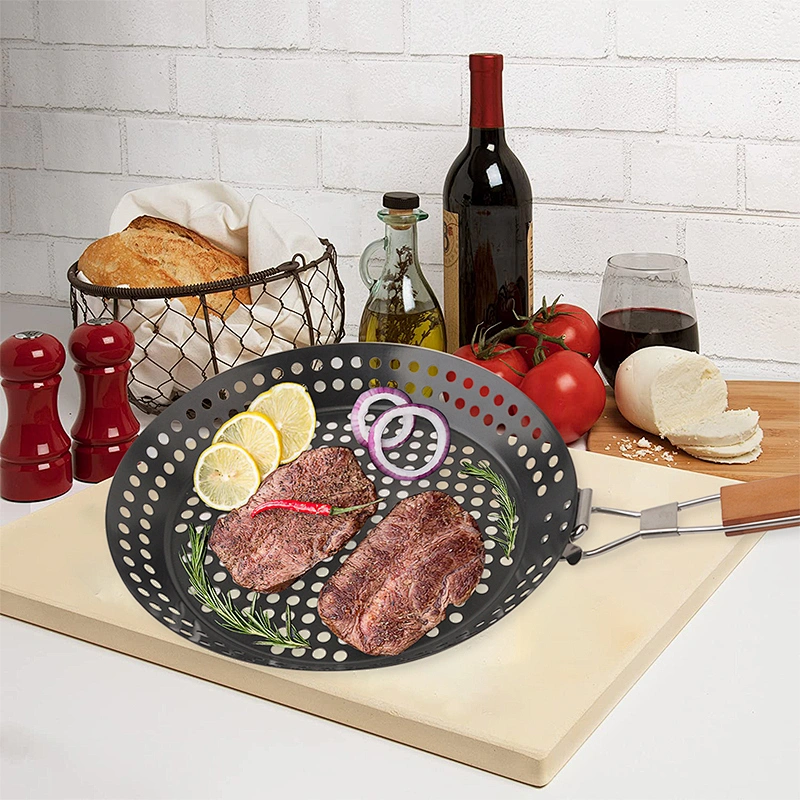 Non-Stick Grill Round Basket Barbecue Pan BBQ Wok Tray for Grill Vegetable Fish Meat Kabob