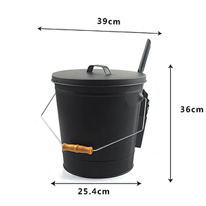 Large capacity black ash bucket with shovel and brush for fireplace and outdoor