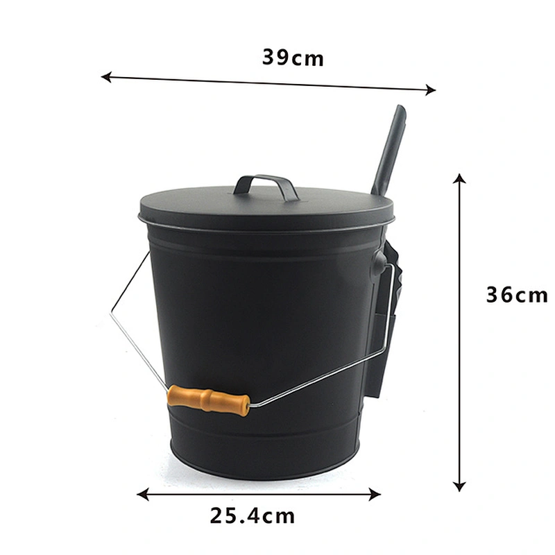 Large capacity black ash bucket with shovel and brush for fireplace and outdoor