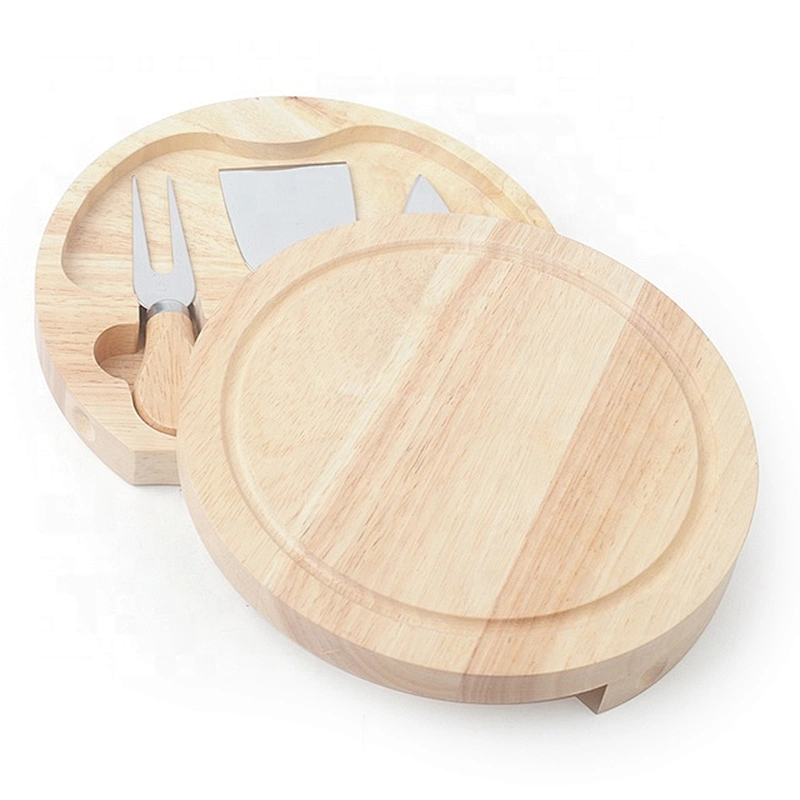 Round Shape Rubber Wood Cheese Board 100% Natural With 3 Piece Cutlery Cheese Knife Set Cheese Platter Hidden Drawer
