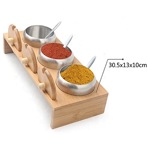 Hot selling bamboo spice rack with stainless steel jars for kitchen